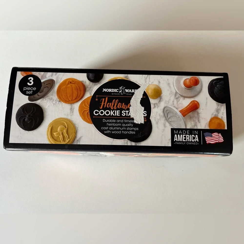 Nordic ware Halloween Cookie Stamps Set of three Cat on Moon, Spider, & Pumpkin.
